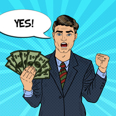 Pop Art Rich Businessman Holding Money Dollar Banknotes with Comic Speech Bubble. Vector Retro illustration