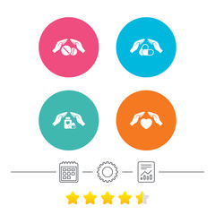 Hands insurance icons. Health medical insurance symbols. Pills drugs and tablets bottle signs. Calendar, cogwheel and report linear icons. Star vote ranking. Vector