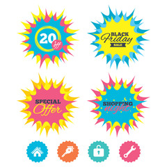 Shopping night, black friday stickers. Home key icon. Wrench service tool symbol. Locker sign. Main page web navigation. Special offer. Vector
