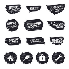 Ink brush sale stripes and banners. Home key icon. Wrench service tool symbol. Locker sign. Main page web navigation. Black friday. Ink stroke. Vector