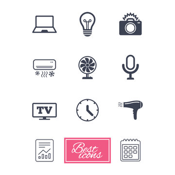 Home appliances, device icons. Air conditioning sign. Photo camera, computer and ventilator symbols. Report document, calendar icons. Vector