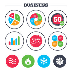 Business pie chart. Growth graph. HVAC icons. Heating, ventilating and air conditioning symbols. Water supply. Climate control technology signs. Super sale and discount buttons. Vector