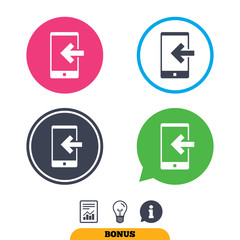 Incoming call sign icon. Smartphone symbol. Report document, information sign and light bulb icons. Vector