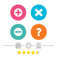 Plus and minus icons. Delete and question FAQ mark signs. Enlarge zoom symbol. Calendar, cogwheel and report linear icons. Star vote ranking. Vector