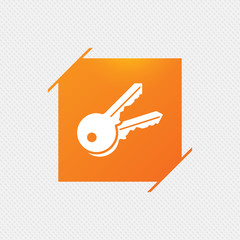 Keys sign icon. Unlock tool symbol. Orange square label on pattern. Vector