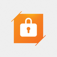 Lock sign icon. Locker symbol. Orange square label on pattern. Vector