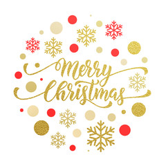 Merry Christmas gold greeting card, poster glitter