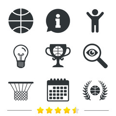 Basketball sport icons. Ball with basket and award cup signs. Laurel wreath symbol. Information, light bulb and calendar icons. Investigate magnifier. Vector