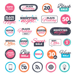 Sale shopping stickers and banners. Question answer icon.  Smartphone and Q&A chat speech bubble symbols. RSS feed and internet globe signs. Communication Website badges. Black friday. Vector