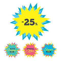 Sale stickers and banners. 25 percent discount sign icon. Sale symbol. Special offer label. Star labels. Vector