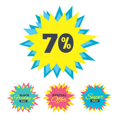 Sale stickers and banners. 70 percent discount sign icon. Sale symbol. Special offer label. Star labels. Vector