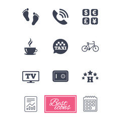 Hotel, apartment services icons. Coffee sign. Phone call, kid-friendly and safe strongbox symbols. Report document, calendar icons. Vector