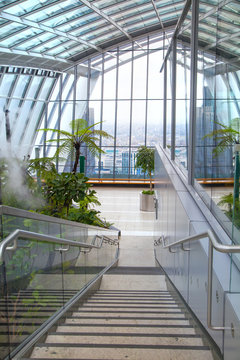 Interior with glass ceiling and stairs, image for background
