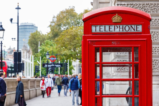 Red telephone box on London street