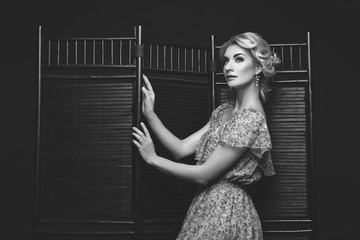 Beautiful girl standing near folding screen 
