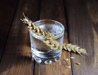 водка в рюмке с колосьями пшеницы © lenakorzh