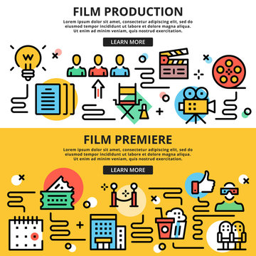 Film production, film premiere, cinema flat line design illustration concepts set. Thin line design graphic icons for web sites, web banners, printed materials, infographics. Flat vector illustration