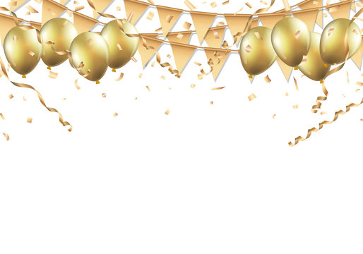 Gold balloons, confetti and streamers on white background Vector