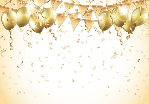 Gold balloons, confetti and streamers Vector