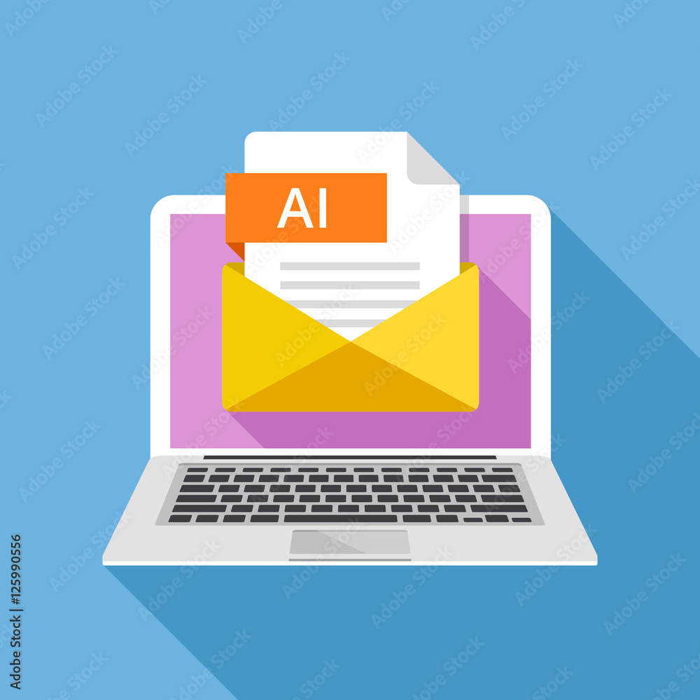 Poster Laptop with envelope and AI file. Notebook and email with file attachment AI document. Trendy graphic elements. Modern long shadow flat design. Vector illustration