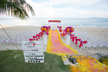 Floral arrangement at a wedding ceremony on beach..