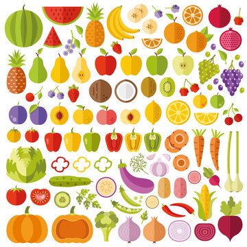 Fruits and vegetables flat icons set. Colorful flat design graphic elements collection. Vector icons, vector illustrations