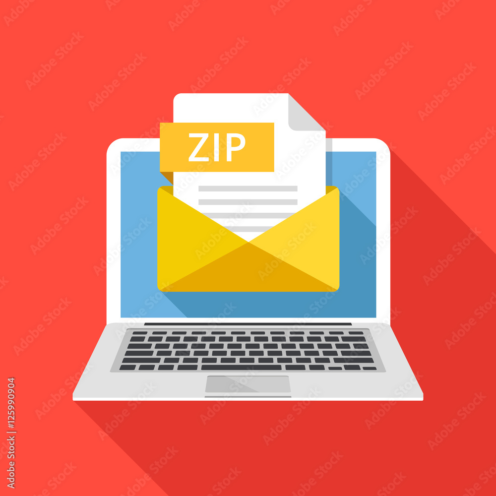 Poster Laptop with envelope and ZIP file. Notebook and email with file attachment ZIP archive. Trendy graphic elements and concepts. Modern long shadow flat design. Vector illustration