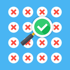 Magnifying glass with tick checkmark icon and lot of red crosses icons. Creative flat design vector illustration