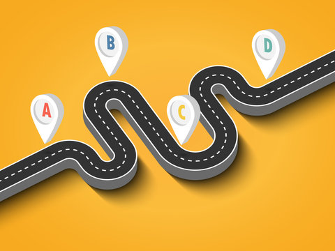 Road trip and Journey route. Business and Journey Infographic Design Template with pin pointer. Winding road on a colorful background. 3D Stylish streamers. Vector EPS 10