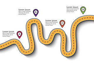 Road trip and Journey route. Business and Journey Infographic Design Template with pin pointer and place for your data. Winding roads. Modern flat design thin line infographic. Vector EPS 10