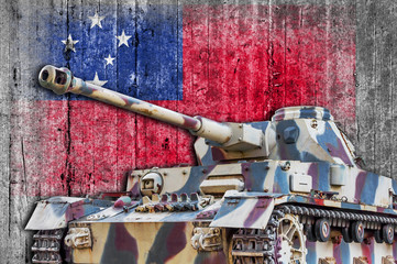 Military tank with concrete Samoa flag