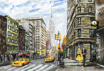 Obraz olejny na płótnie, ulica Nowego Jorku - obrazy, fototapety, plakaty