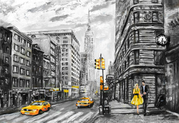 Obraz olejny na płótnie, widok ulicy Nowego Jorku, mężczyzna i kobieta, żółta taksówka, Nowy Jork w szarych i żółtych kolorach - obrazy, fototapety, plakaty
