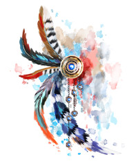 Dreamcatcher with red and blue feather. gold jewerly with gems and feathers on watercolor background. Splash paint. Ethnic illustration, tribal
