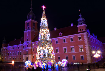 Illuminated Christmas Tree on the Castle Square at the Old Town Warsaw, Poland