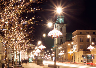 night city lights in old town Warsaw, Poland. Christmas