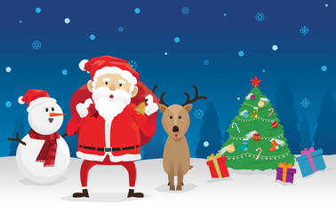 Christmas santa snowman and reindeer snow Night background 