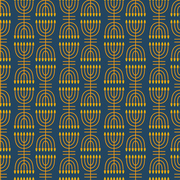 Hanukkah seamless pattern. Hanukkah simbols. Hanukkah candles, menorah, sufganiot and dreidel.
