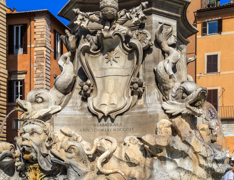 Stone carving on the fountain in the Piazza Navona in Rome
