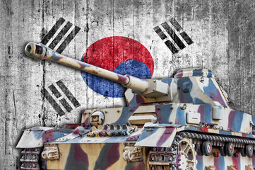 Military tank with concrete South Korea flag