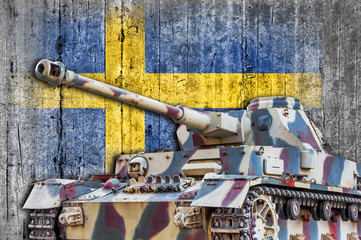 Military tank with concrete Sweden flag