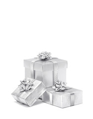 Celebration silver gift boxes isolated on white background