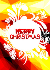Merry christmas greeting card in low poly triangle style with floral elements.