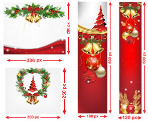 Christmas and New Year web banners with winter background, snowflakes, Christmas Baubles, Holly wreath, Jingle bells. Space for your own advertising.