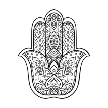 Vector Indian hand drawn hamsa symbol with ethnic ornaments. Out