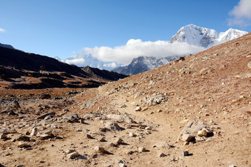 Hiking in Khumbu Valley in Himalayas mountains, Everest Base camp trek, Nepal.