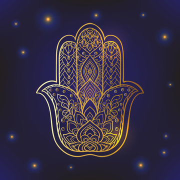 Vector Indian hand drawn hamsa symbol with ethnic ornaments. Gol
