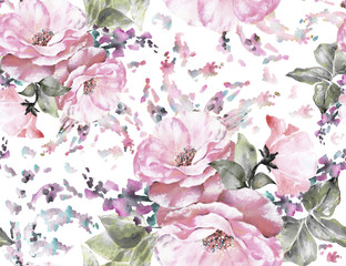 Seamless pattern with flowers and leaves, watercolor floral pattern, flower rose, sakura pastel color, seamless flower pattern for wallpaper, card or fabric, gentle pattern with  flower and butterfly