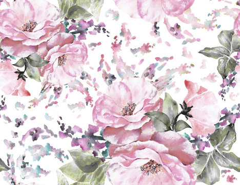 Fototapeta Seamless pattern with flowers and leaves, watercolor floral pattern, flower rose, sakura pastel color, seamless flower pattern for wallpaper, card or fabric, gentle pattern with  flower and butterfly