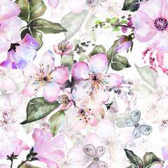 Obraz na płótnie Canvas Seamless pattern with flowers, watercolor floral pattern, flower rose and sakura in pastel color, seamless flower pattern for wallpaper, card or fabric, pattern with blooming flower and butterfly